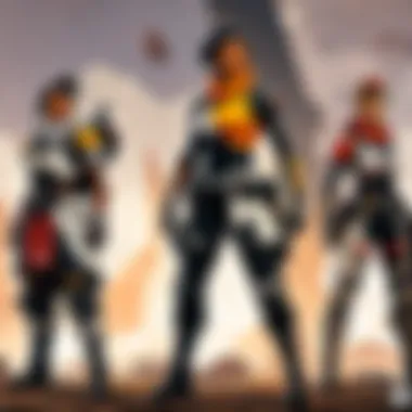 A detailed illustration of various characters from APEX Legends in action